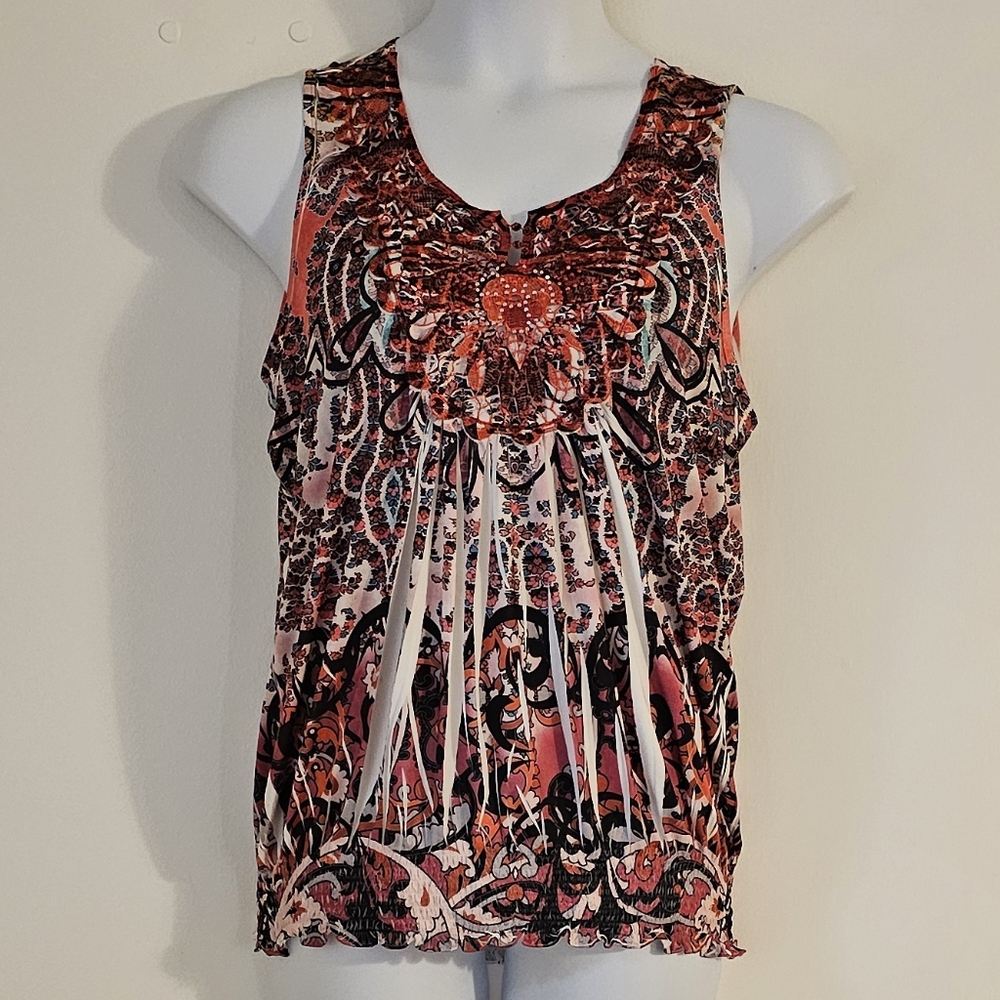 Live & Let Live L – 1X STRETCHY Boho Hippie Beaded Floral Lacy Blouson Tank Top